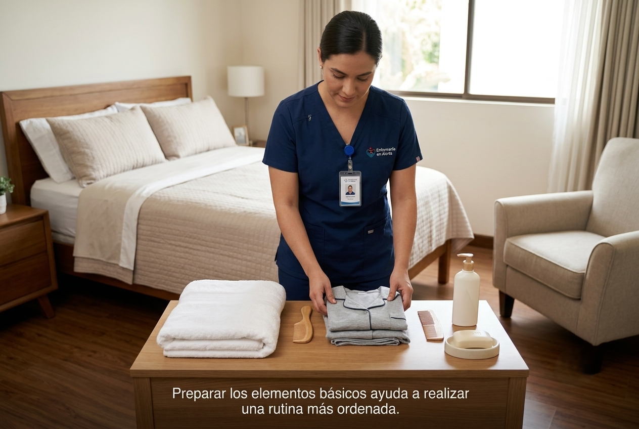 Ropa limpia, toalla y elementos de higiene organizados para un baño asistido a domicilio