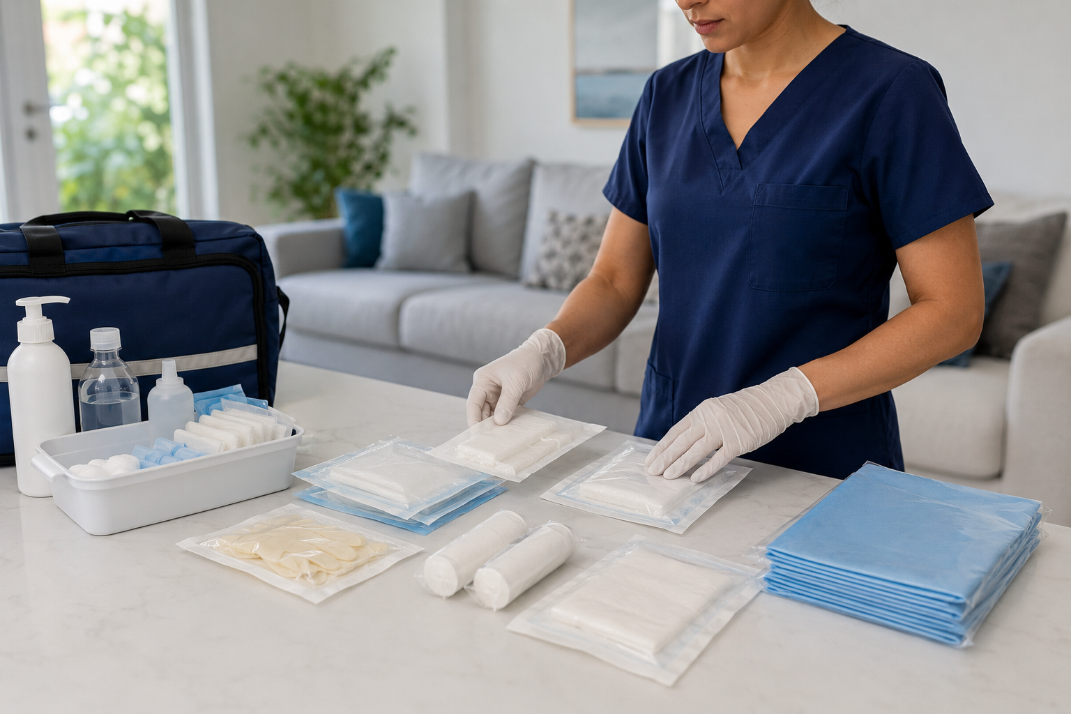 Materiales de enfermería organizados sobre una superficie limpia para una curación a domicilio